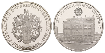 Гибралтар 5 фунтов 2021 100 лет городскому совету Гибралтара KM NEW медно-никель  PROOF  1088-7-52