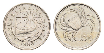 Мальта 5 центов 1986 год-тип, краб KM 77 медно-никель UNC 26-1651