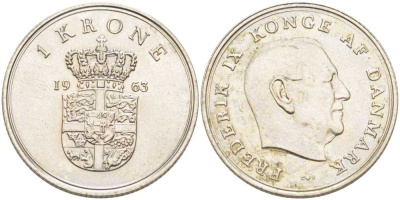 Дания 1 крона 1963 C;S, Фредерик IX (1947-1972) KM 851 медно-никель 202-811