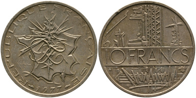 Франция 10 франков 1977 тип Матье KM 940, Le Franc 365.9-10 никель латунь 97-644