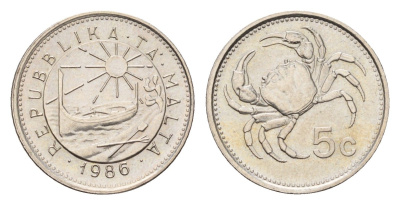 Мальта 5 центов 1986 год-тип, краб KM 77 медно-никель UNC 26-1651
