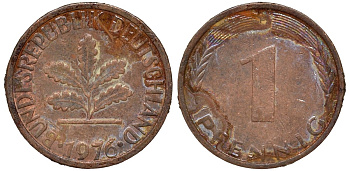 ФРГ 1 пфенниг 1976 F KM 105, J.380 сталь плакированная медью 4174-452