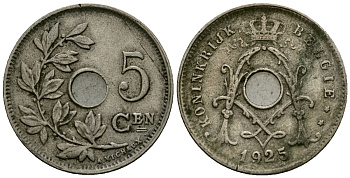 Бельгия 5 сантимов 1925 Belgie KM 67 медно-никель 4173-267