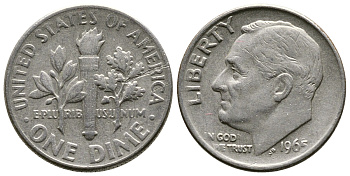 США 10 ЦЕНТОВ = 1 ДАЙМ 1965 РУЗВЕЛЬТ KM 195а медь плакированная медно-никелем 37-216