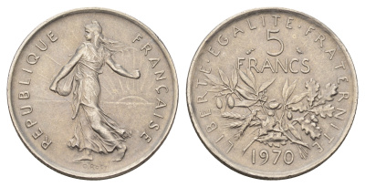 Франция 5 франков 1970 сеятель, тип Semeuse KM 926a.1, Le Franc 341.2 медно-никель плакированный никелем 4683-144