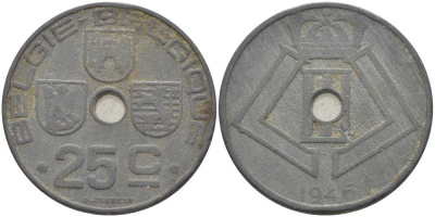 БЕЛЬГИЯ 25 САНТИМОВ 1946 BELGIE-BELGIQUE, ГЕРМАНСКАЯ ОККУПАЦИЯ, ВТОРАЯ МИРОВАЯ ВОЙНА, ЛЕОПОЛЬД III (1934-1950) KM 132 цинк 119-353