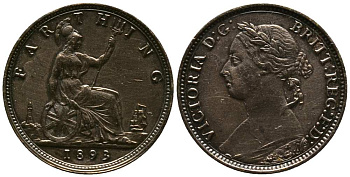 Великобритания 1 фартинг 1893 Виктория (1837-1901) KM 753, Spink 3958 бронза  1518-334