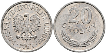 Польша 20 грошей 1963 MW KM А47 алюминий 4564-1057
