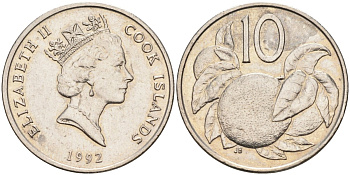 Острова Кука 10 центов 1992 Елизавета II (1952-), апельсин KM 34 медно-никель 4126-1243