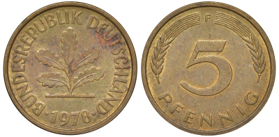 ФРГ 5 пфеннигов 1978 F KM 107, J.382 сталь плакированная латунью 4174-526
