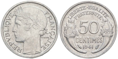 ФРАНЦИЯ 50 САНТИМОВ 1941 ТИП MORLON LOURDE KM 894.1a, LE FRANC 193.2 алюминий 44-234