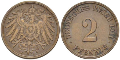 ГЕРМАНИЯ 2 ПФЕННИГА 1911 J KM 16, J. 11, Weege 4 медь 206-612