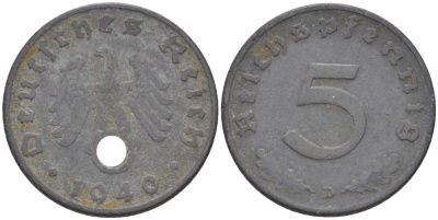 ГЕРМАНИЯ 5 РЕЙХСПФЕННИГОВ 1940 D KM 100, J. 370 цинк 211-524