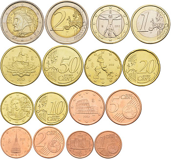 Италия евронабор из 8 монет 2012 1, 2, 5, 10, 20, 50 евроцентов, 1 и 2 евро KM 210, 211, 212, 247, 248, 249, 250, 251 UNC 181-1231
