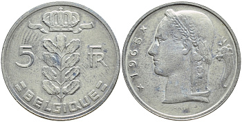 БЕЛЬГИЯ 5 ФРАНКОВ 1965 BELGIQUE KM 134.1 медно-никель 3999-1332