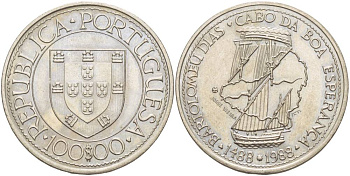Португалия 100 эскудо 1988 серия золотой век португальских открытий, Бартоломеу Диаш KM 642 медно-никель UNC 4537-515