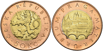 ЧЕХИЯ 50 КРОН 1993 ПРАГА, КАРЛОВ МОСТ KM 1 биметалл UNC 540-531