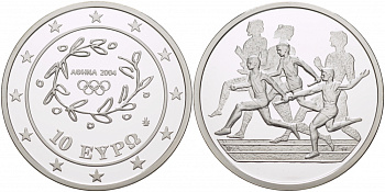 Греция 10 евро 2003 XXVIII летние Олимпийские игры 2004 года в Афинах, легкая атлетика, эстафета KM 196 серебро PROOF 11-178-42