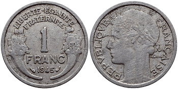 ФРАНЦИЯ 1 ФРАНК 1945 KM 885а.1 алюминий 23-842