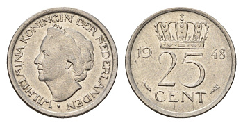 Нидерланды 25 центов 1948 Вильгельмина (1890-1948), год-тип KM 178 никель 4658-751