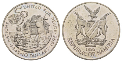 Намибия 10 долларов 1995 50 лет Организации Объединенных Наций (ООН) KM 9 медно-никель BU 413-3324