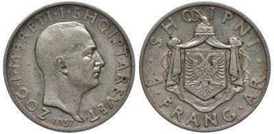 Албания 1 франга ари 1937 R, Ахмет Зогу I (1928-1939) KM 16 серебро 1526-1223