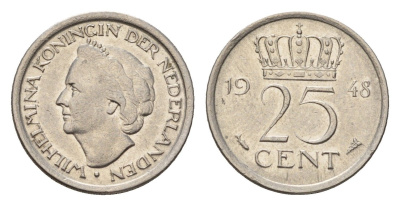 Нидерланды 25 центов 1948 Вильгельмина (1890-1948), год-тип KM 178 никель 4658-751