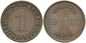 Германия 1 рейхспфенниг 1930 A KM 37, J. 313 бронза 4189-1134