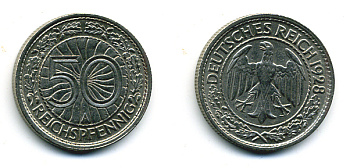 Германия 50 рейхспфеннигов 1928 A KM 49, J.324 никель 58-411