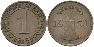 Германия 1 рейхспфенниг 1930 A KM 37, J. 313 бронза 4189-1134
