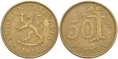 ФИНЛЯНДИЯ 50 ПЕННИ 1971 S KM 48 алюминиевая бронза 3457-922