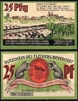 Беверштедт (Пруссия, Ганновер) 25 пфеннигов 1922 Mehl Grabowski 98.1-1/3 бумага UNC (пресс) 7556-49-4-1