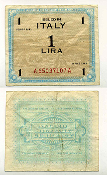 Италия 1 лира 1943 военный выпуск, вторая мировая война Pick М10b бумага 8588-28-3-1