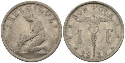 Бельгия 1 франк 1934 Belgique KM 89 никель 34-537