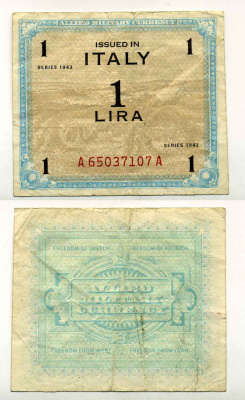 Италия 1 лира 1943 военный выпуск, вторая мировая война Pick М10b бумага 8588-28-3-1