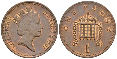 Великобритания 1 пенни 1991 Елизавета II (1952-2022) KM 935, Spink 4381 (B3) бронза 4609-528