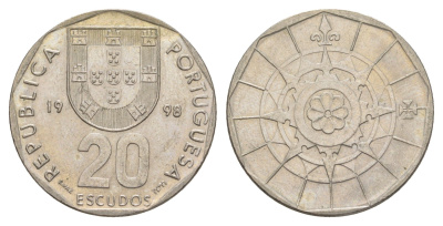 Португалия 20 эскудо 1998 KM 634 медно-никель UNC 4519-335