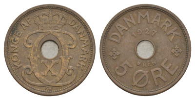 Дания 5 эре 1927 HCN, Кристиан X (1912-1947) KM 828 бронза 4638-553