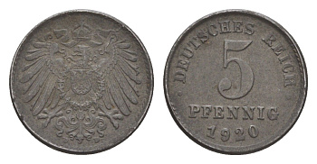 Германия 5 пфеннигов 1920 D KM 19, J. 297 железо плакированное цинком 4644-1122