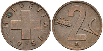 Швейцария 2 раппена 1951 В KM 47 бронза 4114-1142