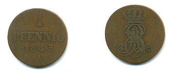 Ганновер 1 пфенниг 1845 A, Эрнст Август (1837-1851) KM 173.1, AKS 126, J. 54 медь 35-727