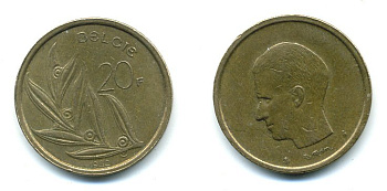 БЕЛЬГИЯ 20 ФРАНКОВ 1980 BELGIE, БОДУЭН I (1951-1993) KM 160 никель бронза 25-1611