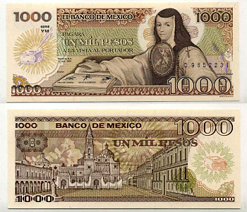 МЕКСИКА 1000 ПЕСО 1985 СЕРИЯ VM, 19 ИЮЛЯ 1985 Pick 85 бумага UNC (ПРЕСС) 8589-53-2-1