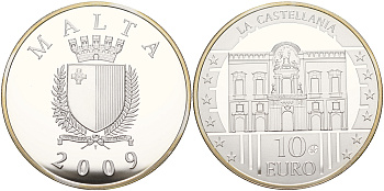 Мальта 10 евро 2009 серия культурное наследие, дворец Кастеллания KM 133 серебро PROOF 1066-1-44