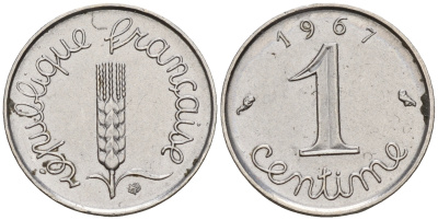 Франция 1 сантим 1967  KM 928 хромированная сталь    4152-1215