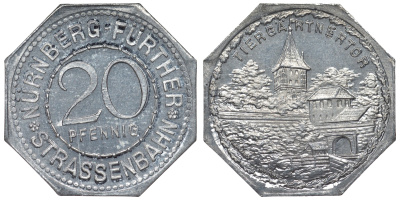 Германия, Нюрнберг - Фюрт 20 пфеннигов ND трамвайный жетон, ворота в зоопарк алюминий UNC 4119-633
