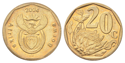 ЮАР 20 центов 2004 герб, цветок протея KM 328 сталь плакированная бронзой UNC 4696-1034