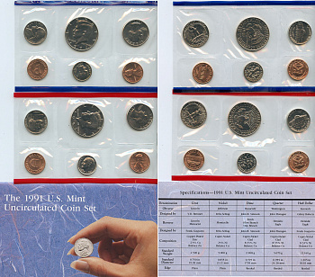 США официальный набор из 10 монет и 2 жетонов 1991 1, 5, 10, 25 и 50 центов, монетные дворы P и D, в оригинальном конверте KM MS 155   UNC  1181-4-07