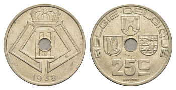 Бельгия 25 сантимов 1938 Belgie - Belgique, Леопольд III (1934-1947) KM 115 никель латунь aUNC 4619-815
