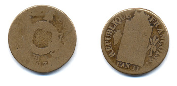 ФРАНЦИЯ 1 СУ 1793 ПЕРВАЯ РЕСПУБЛИКА (1793-1794) LAN II KM 620.3 бронза 4379-131